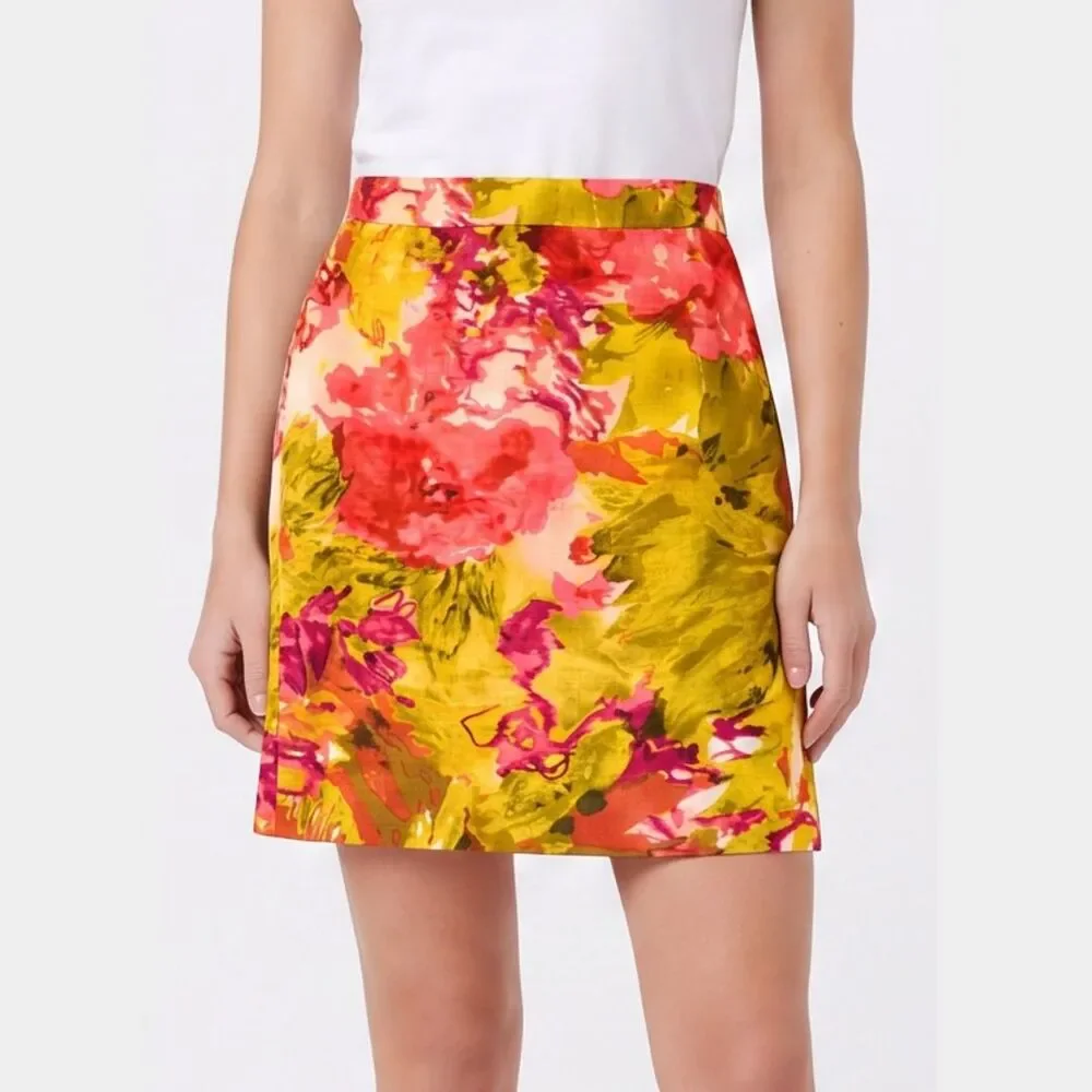 J.CREW Impressionist Floral Pencil Skirt Pink Yellow Watercolor Size 00